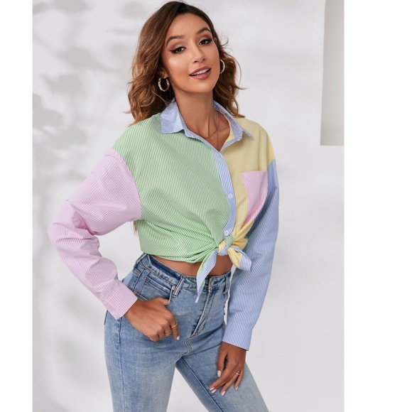 Multicolor Striped Casual Oversized Button Down Shirt (Blue, Green, Yellow, Pink - Picture 6 of 8